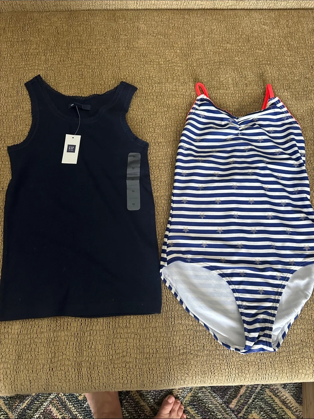 GAP Blue & White Striped One-Piece Swimsuit with Coral Straps